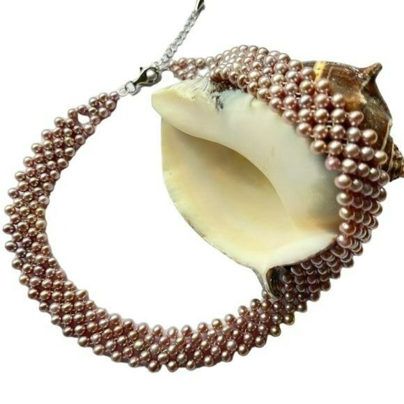 Lavender Freshwater Pearl Multi Strand Choker Necklace 925 Sterling Silver Clasp - Picture 5 of 10